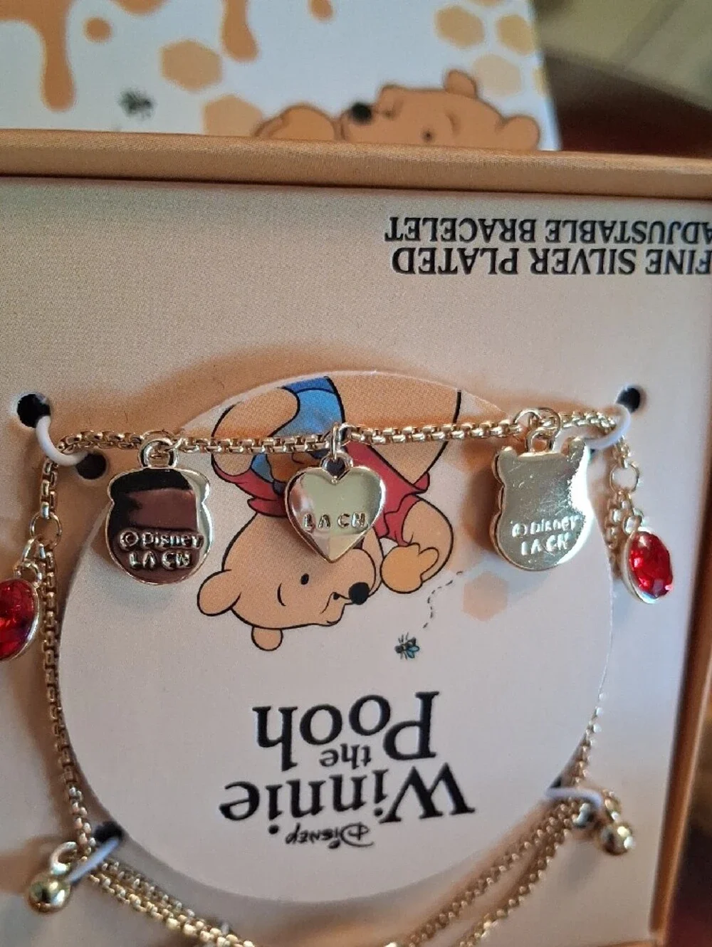 Disney Winnie the Pooh Gold Charm Bracelet W/ Red & Blue Accents.NWT. Super Cute